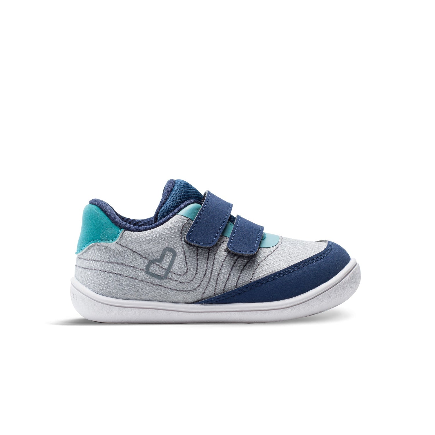 Children's shoe with blue and gray design on a white background